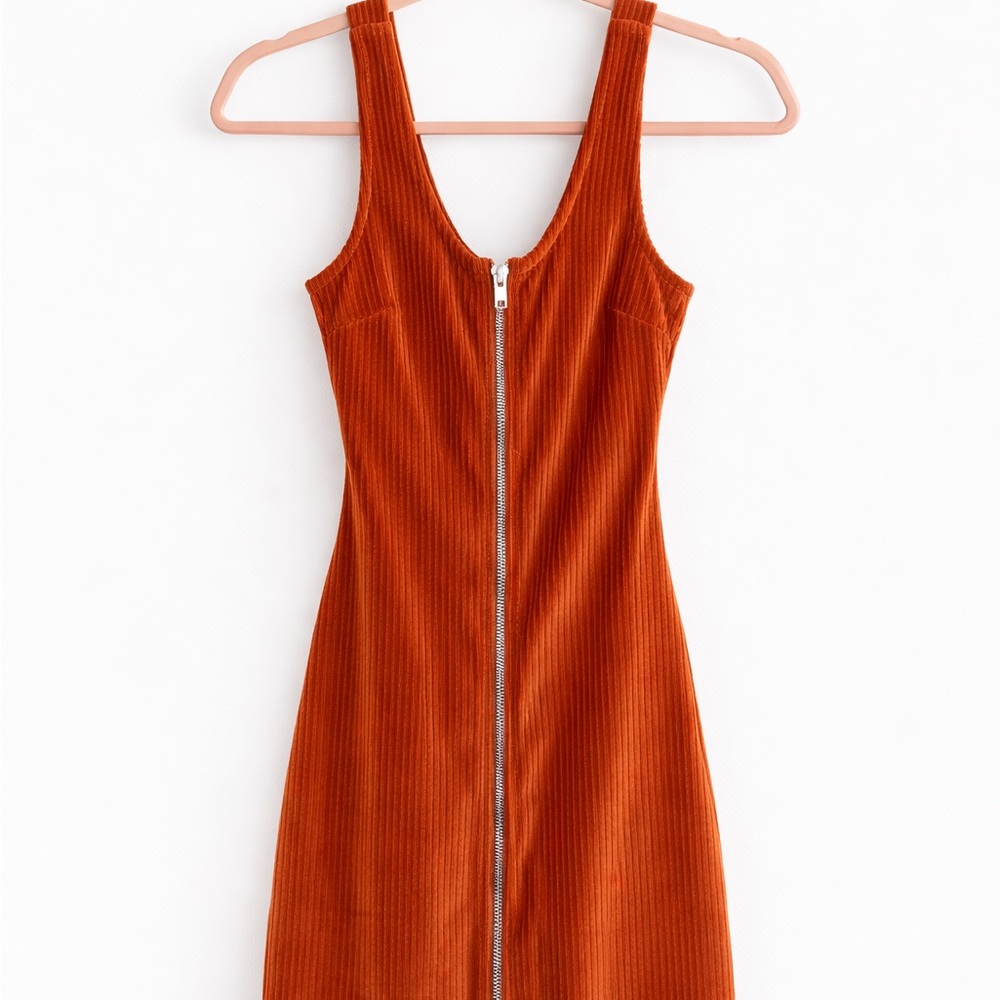 Orange Corduroy Zip-Front Dress